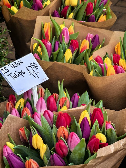 Multiple bouquets of fresh tulips in vibrant shades of pink, purple, yellow, orange, and red, wrapped in brown kraft paper, arranged on a wooden surface. A handwritten sign indicates the price per bun
