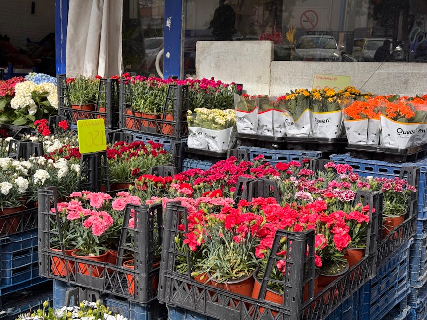 An outdoor display of potted flowers arranged in black plastic crates, featuring a variety of colorful blooms including pink, red, white, yellow, and orange. The flowers are lush and fresh, with some 