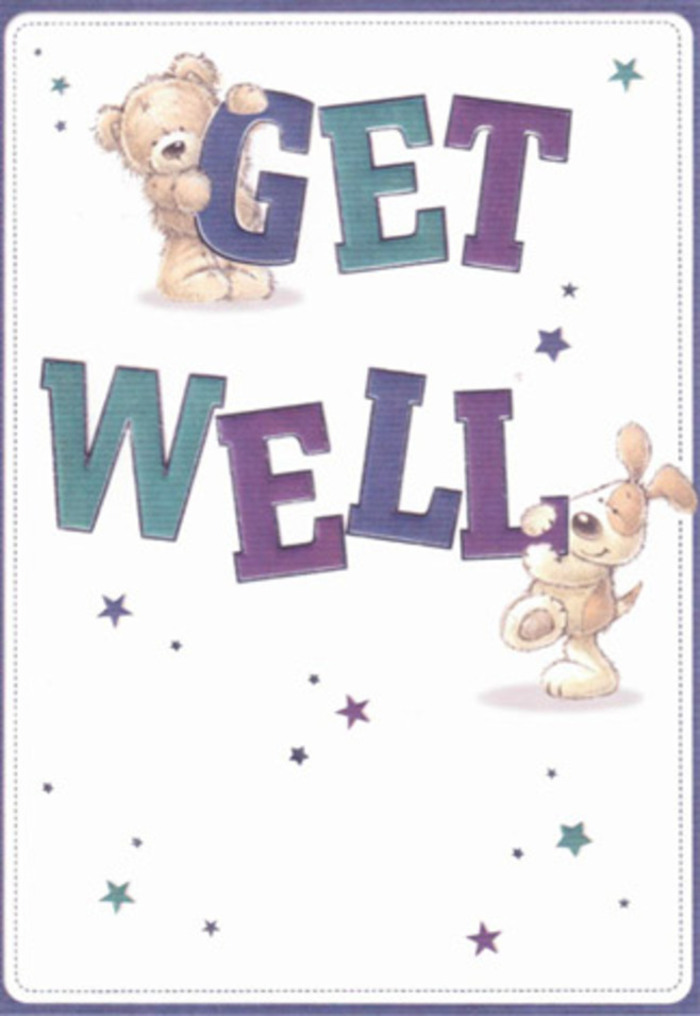 This delightful get well card is a portrait of gentle support, featuring a cuddly bear and an affectionate puppy as steadfast companions in wellness. The two friends, painted with inviting detail, animate the oversized, confident typography beneath them-'GET WELL'-with joyous energy. Indigo and teal hues flow through the bold letters, set against a luminous, clean white field that evokes the freshness of a spring morning around Brook Green. Sparkling stars dance in various shades of blue and lavender, like hopeful wishes fluttering through the air. There's a tactile illusion here: you can almost sense the soft nap of the bear's fur and the puppy's silky ears, details that mirror the comforting depth of greenery and petal in a beautifully arranged bouquet. The mood is both uplifting and serene, reminding me of preparing a hand-tied bunch to send comfort into a home nearby, whether on Blythe Road or close to Barons Court. This card carries a story-one of friendship, encouragement, and the unspoken warmth found in simple, thoughtful gestures-a perfect companion to flowers chosen for someone in need of gentle cheer in West Kensington.