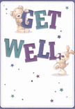 Radiating warmth and whimsy, this illustrated get well card features a lovable teddy bear and an animated puppy, both playfully interacting with bold, colourful lettering that spells 'Get Well.' The bear seems to hug the top of 'GET' with tender care, while the puppy cozies up to 'WELL' below, both of their faces bright with reassuring smiles. The text's flowing shades of purple and teal stand out against a creamy, clean background, offering a sense of clarity and renewal reminiscent of West Kensington's leafy lanes near Gwendwr Gardens. Star-shaped accents, glowing in tones of blue and deep amethyst, scatter across the card, suggesting magical wishes floating gently toward the recipient. The furry details, from the bear's plush coat to the puppy's velvety ears, are expertly drawn, creating an almost tangible sense of comfort-like a familiar friend dropping by with a homemade bouquet. This card, echoing the nurturing touch found in each arrangement prepared by the area's local florists, delivers not only a message of 'Get Well' but also a genuine, heartfelt embrace for anyone needing a boost in spirit within the welcoming community of West Kensington.